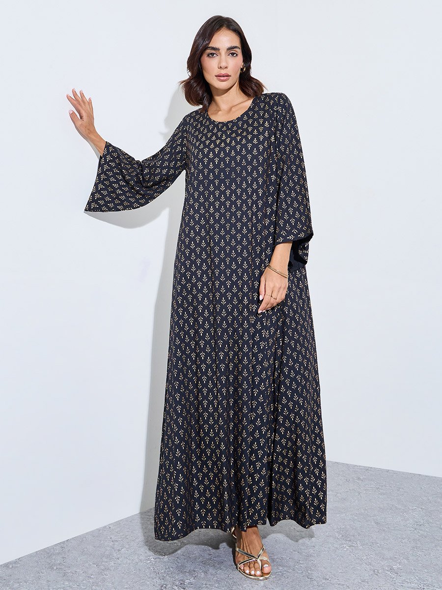 Black Foil Print Round Neck Jalabiya