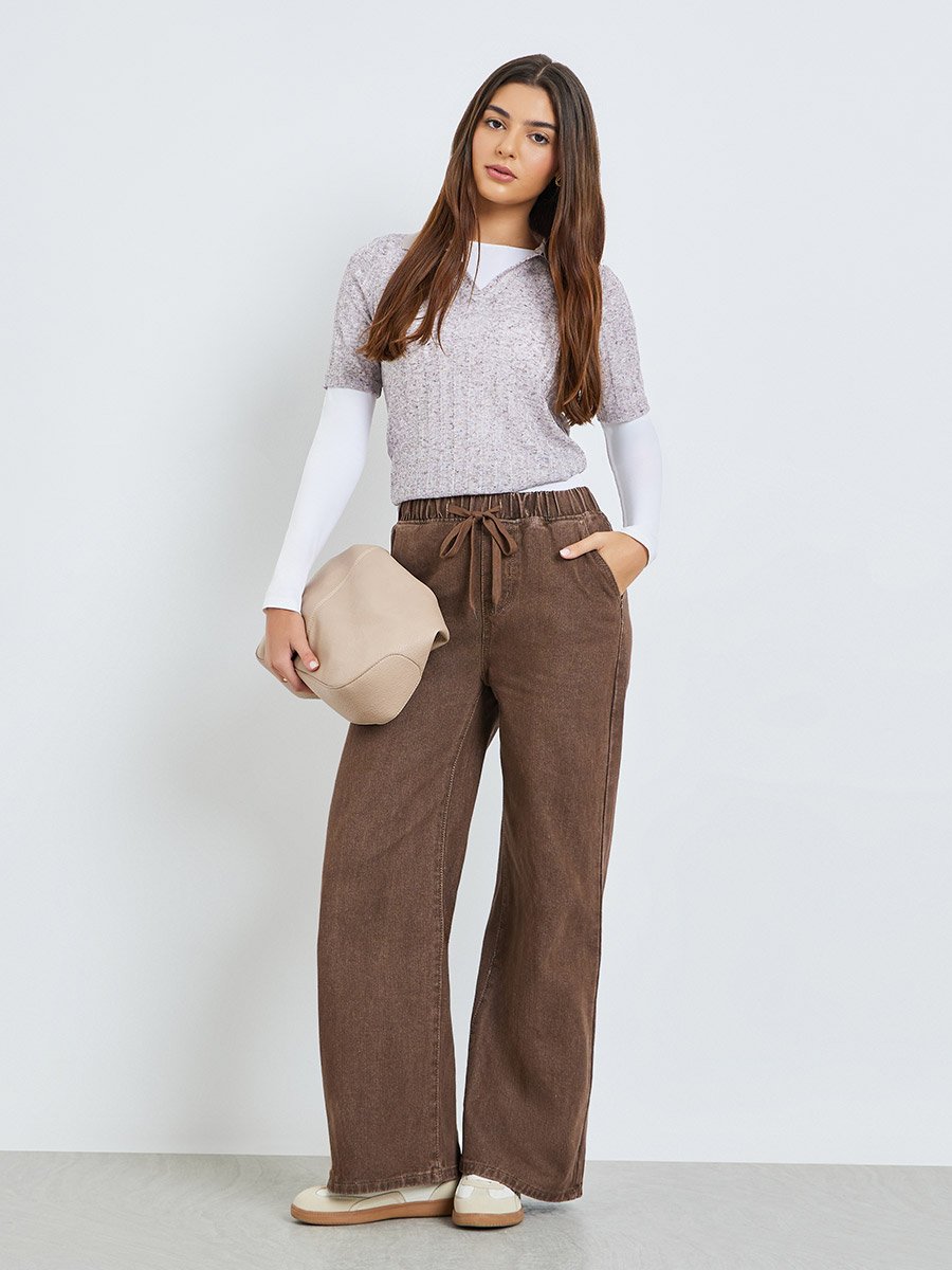 Brown Joggers Style Wide Leg Washed Jeans
