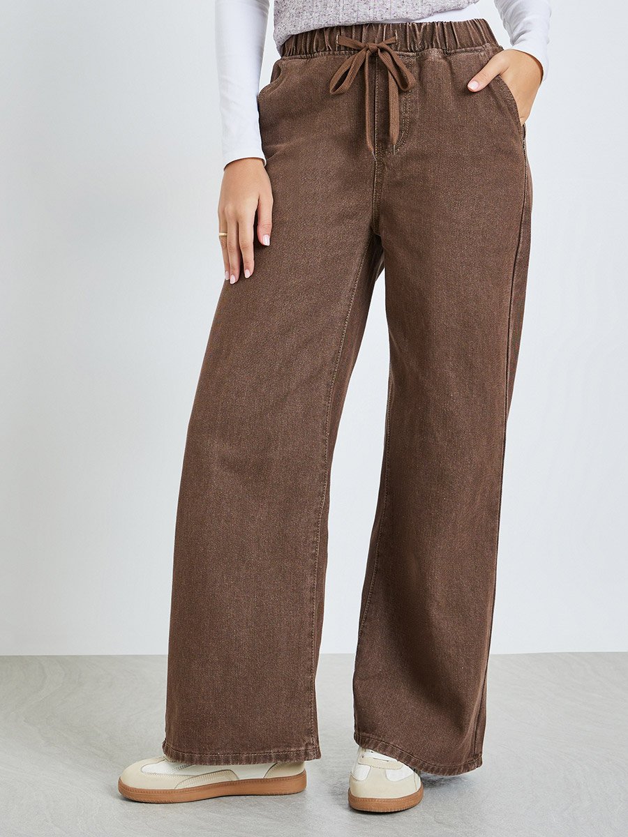 Brown Joggers Style Wide Leg Washed Jeans