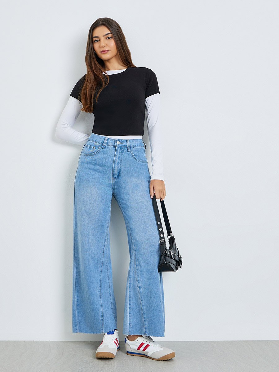 Blue Wide Leg Faded Jeans