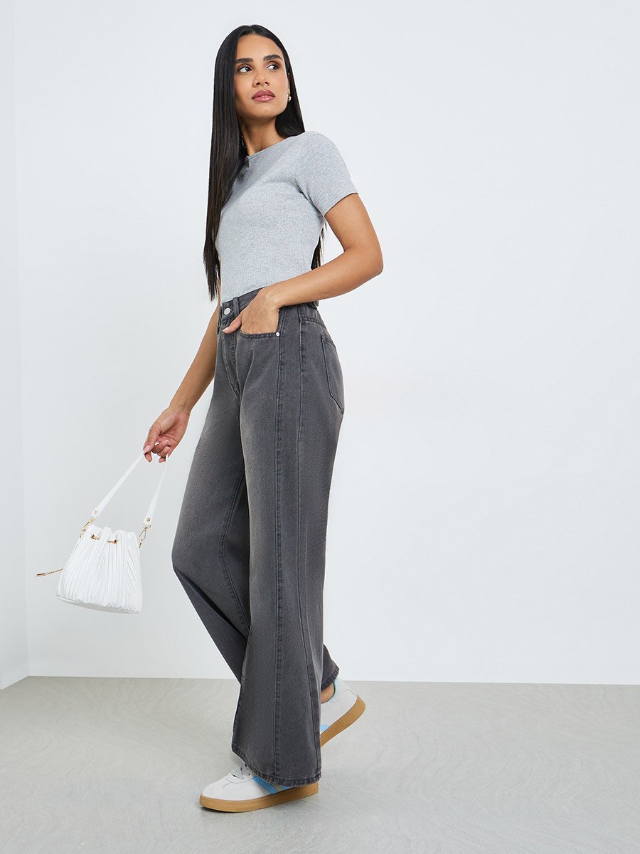 High Rise Cut and Sew Wide Leg Jeans