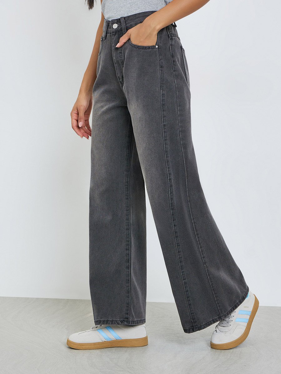 High Rise Cut and Sew Wide Leg Jeans