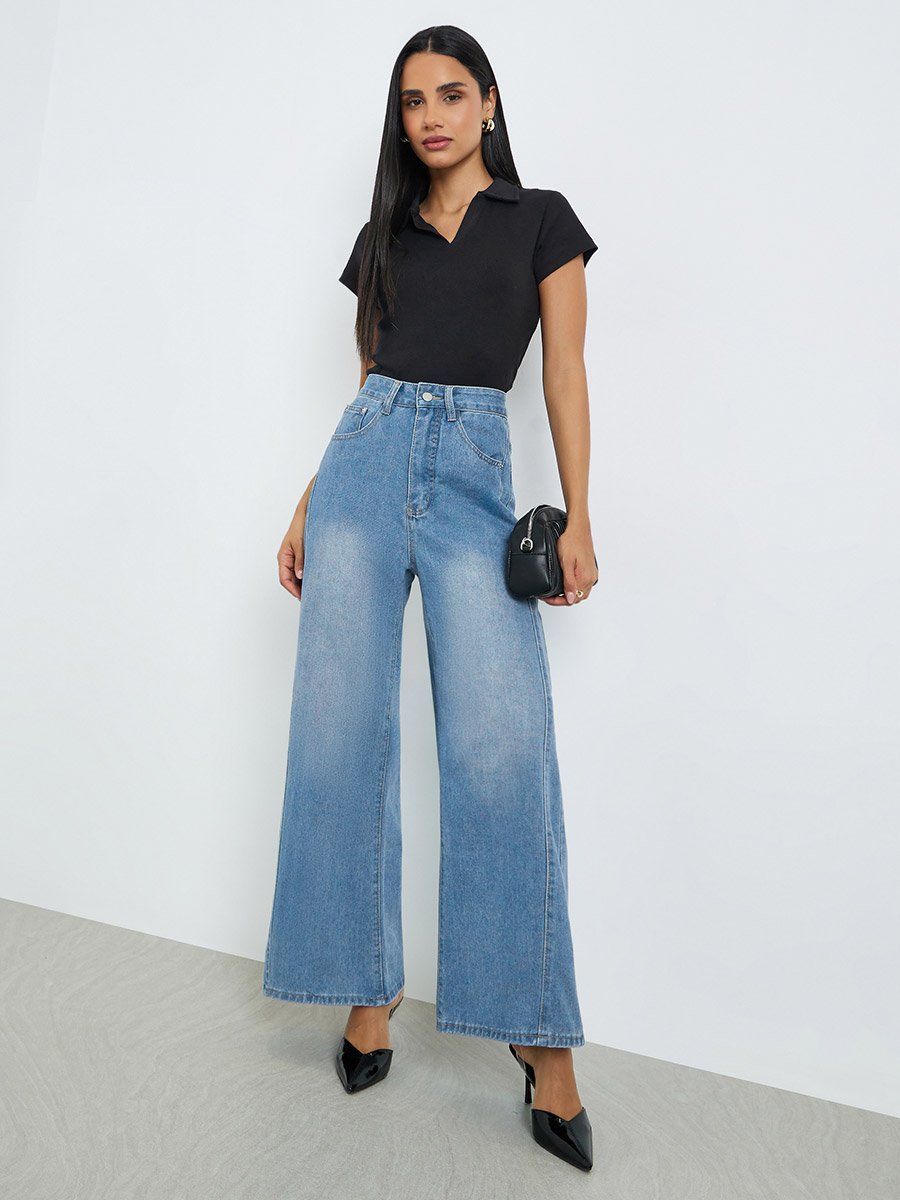 High Rise Cut and Sew Wide Leg Jeans