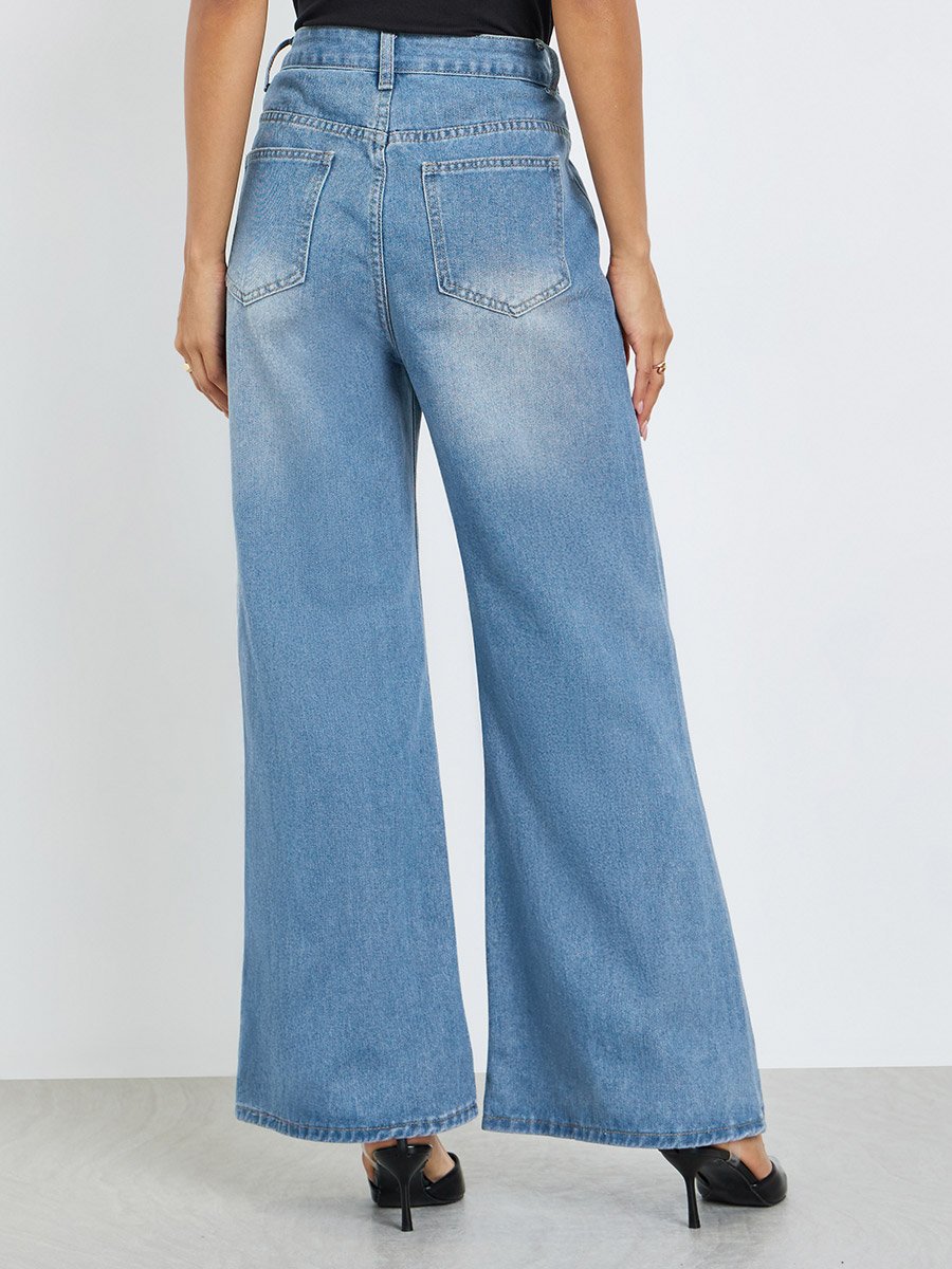 High Rise Cut and Sew Wide Leg Jeans