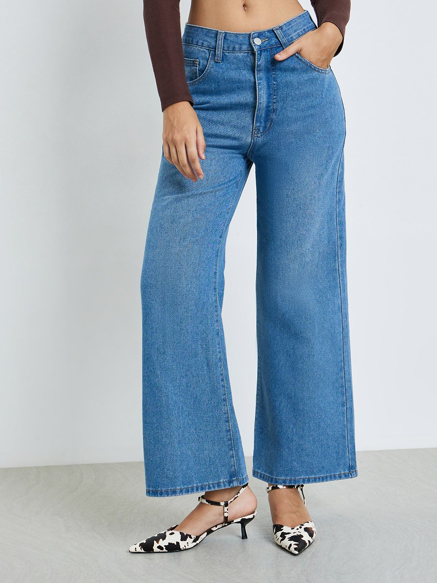 Blue Mid Rise Wide Leg Jeans
