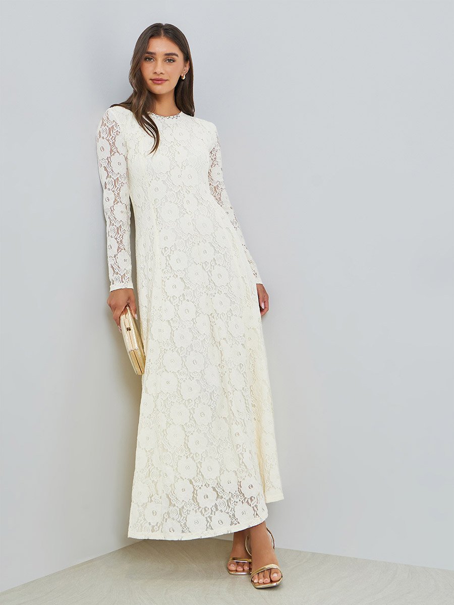 Off-White Floral Lace A-Line Maxi Dress