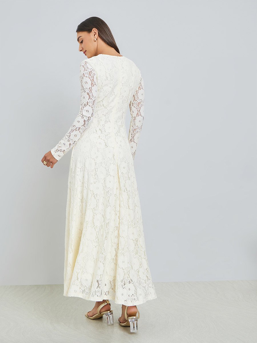 Off-White Floral Lace A-Line Maxi Dress
