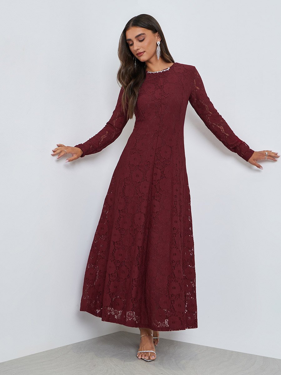 Red Floral Lace A-Line Maxi Dress