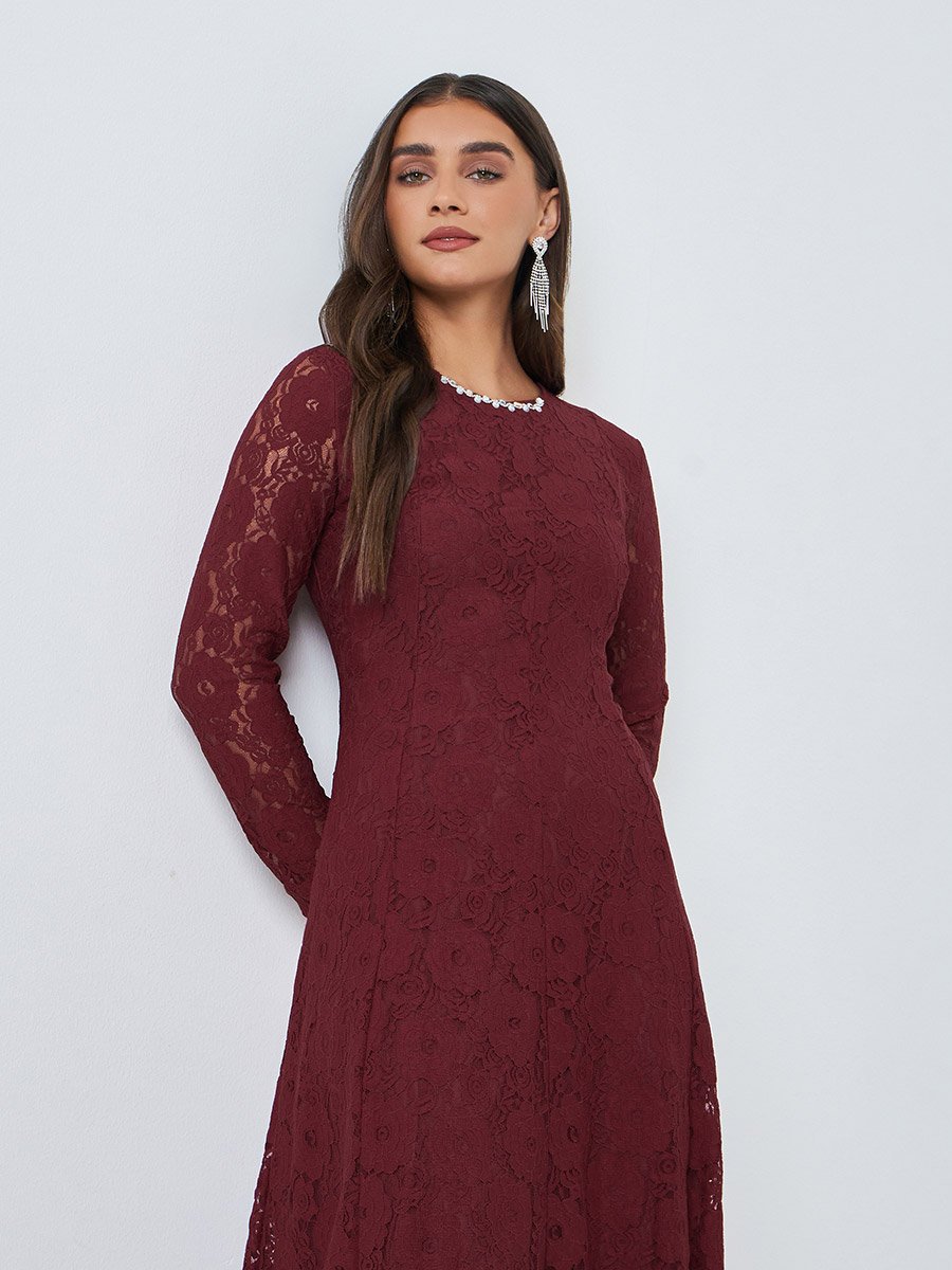 Red Floral Lace A-Line Maxi Dress