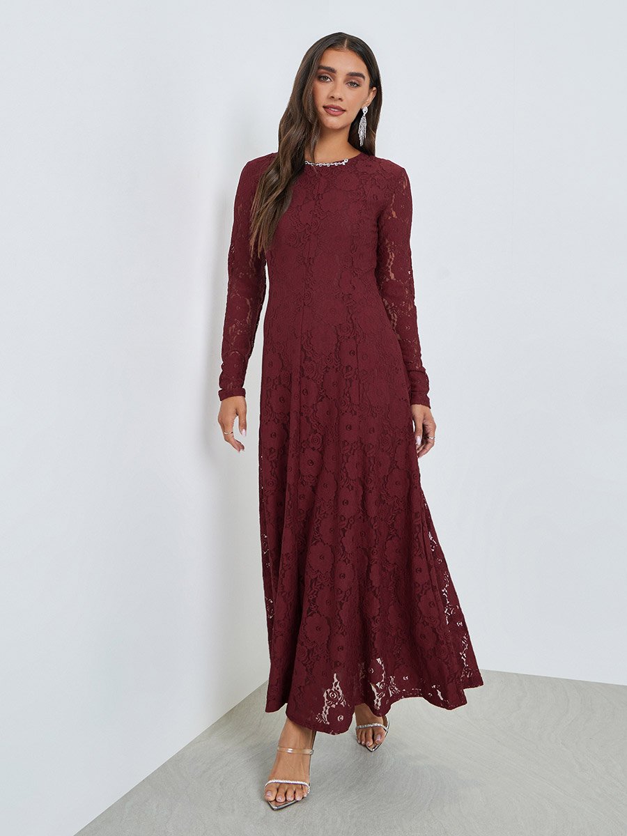 Red Floral Lace A-Line Maxi Dress