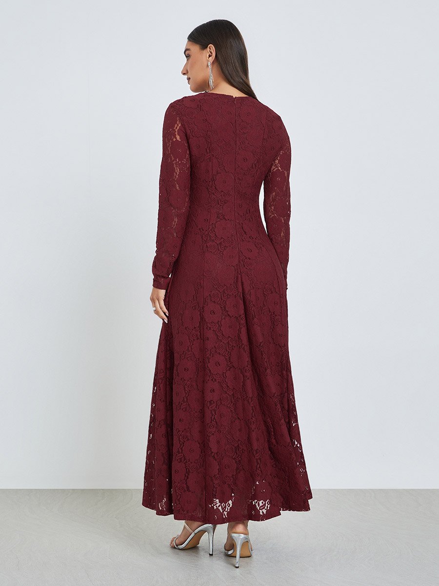 Red Floral Lace A-Line Maxi Dress