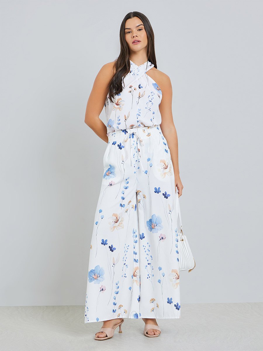 Women Floral Print Halter Neck Sleeveless Top