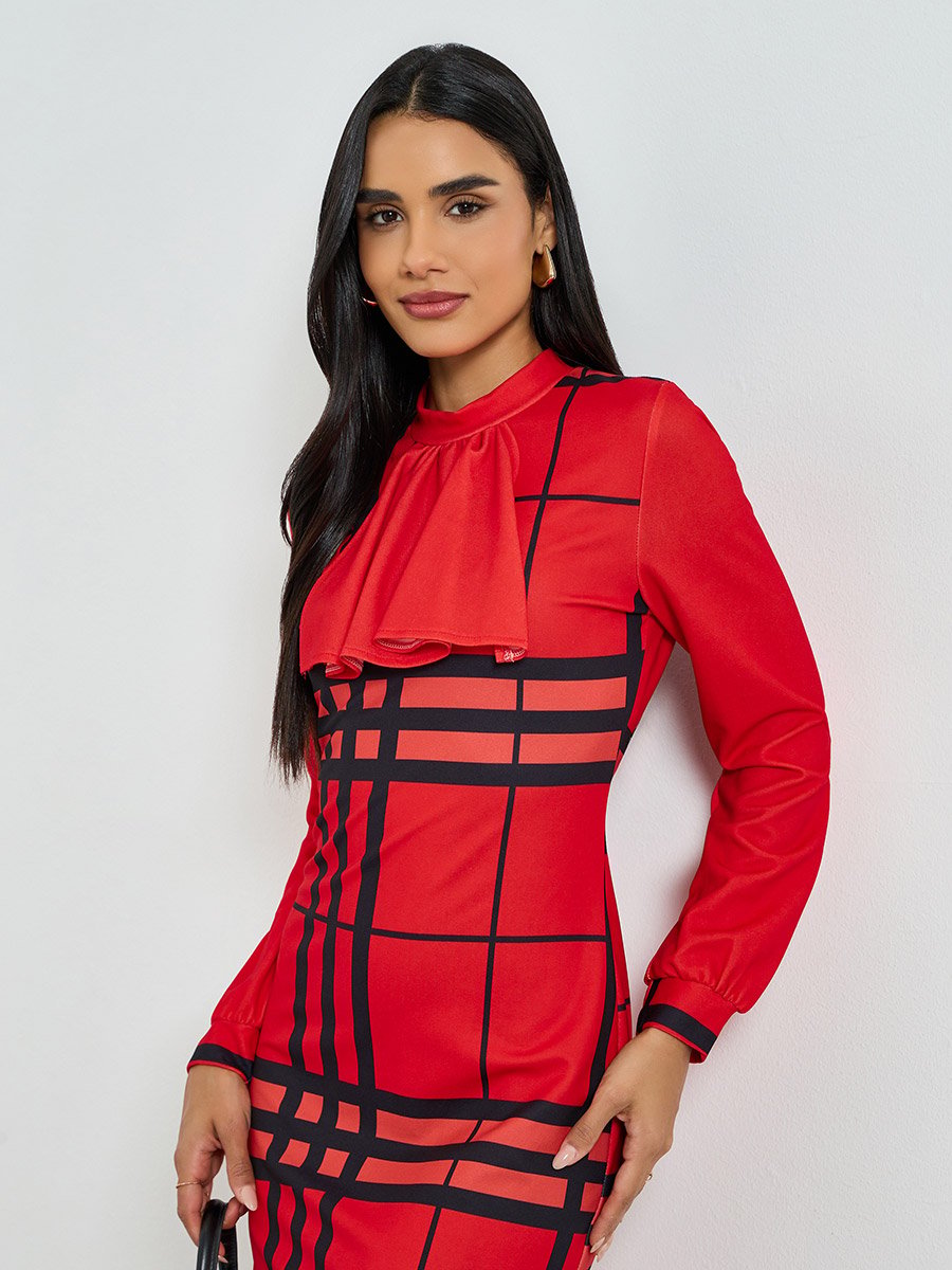 Red Checked Long Sleeve Bodycon Midi Dress For Women at Kuwait | Styli Red Checked Long Sleeve Bodycon Midi Dress For Women at Kuwait | Styli