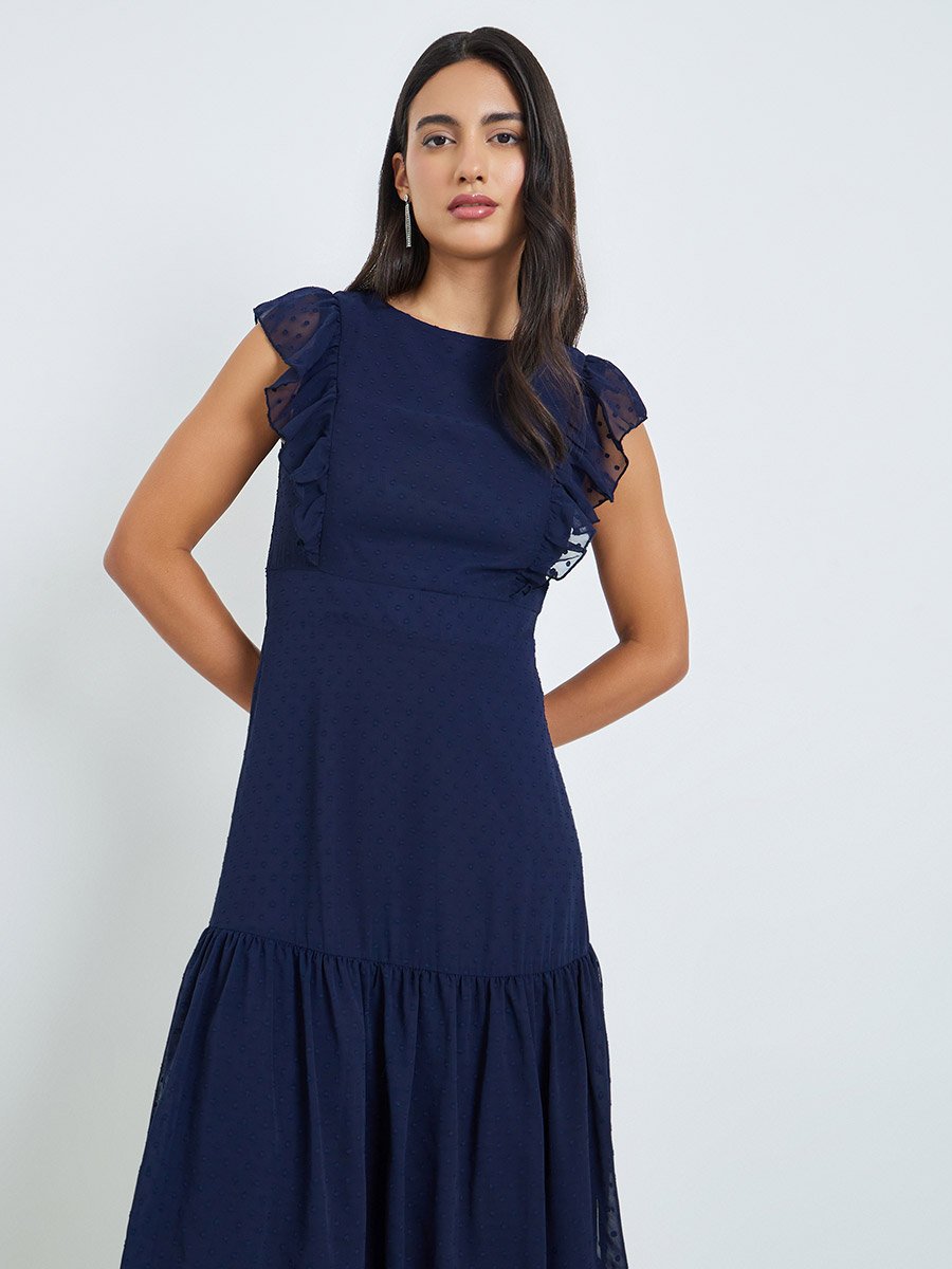 Navy Blue Dobby Tiered Maxi Dress