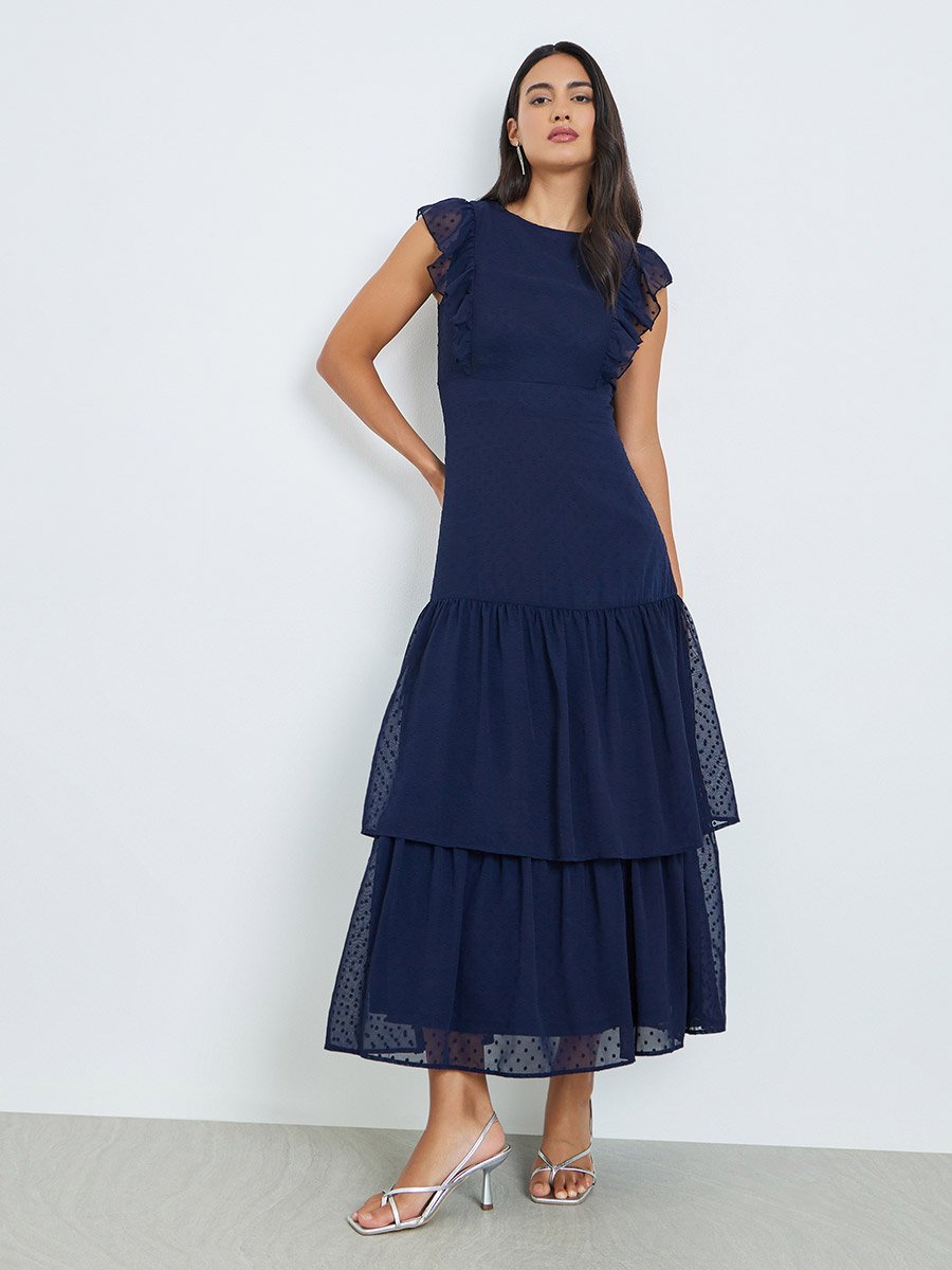 Navy Blue Dobby Tiered Maxi Dress