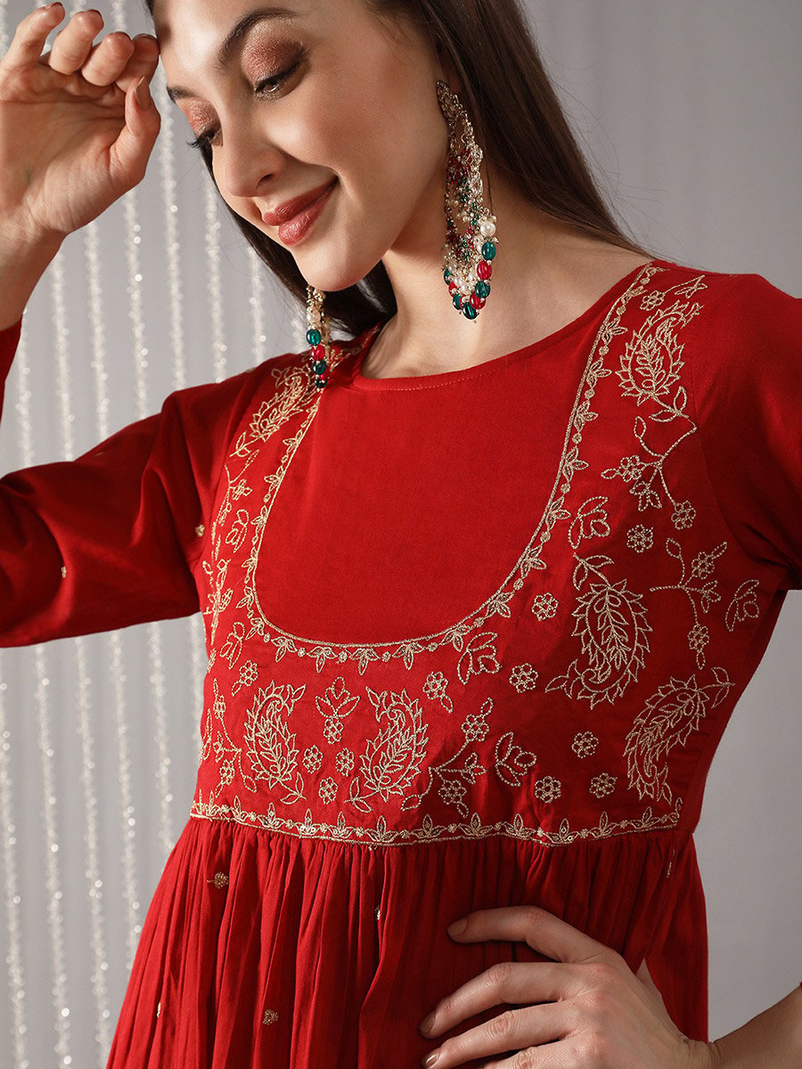 Women Red Boat Neck Embroidered A-Line Maxi Dress For Women at Kuwait