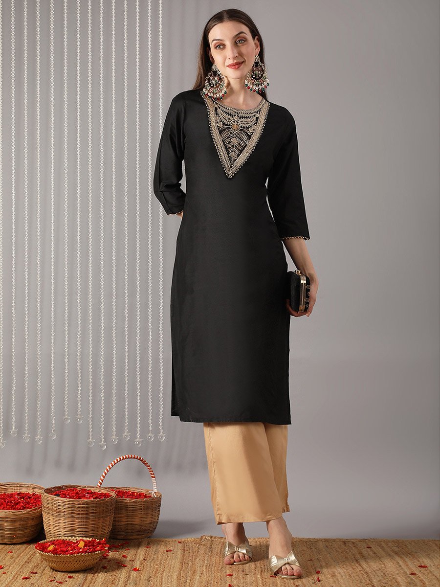 Women Black Round Neck Embroidered A-Line Kurta