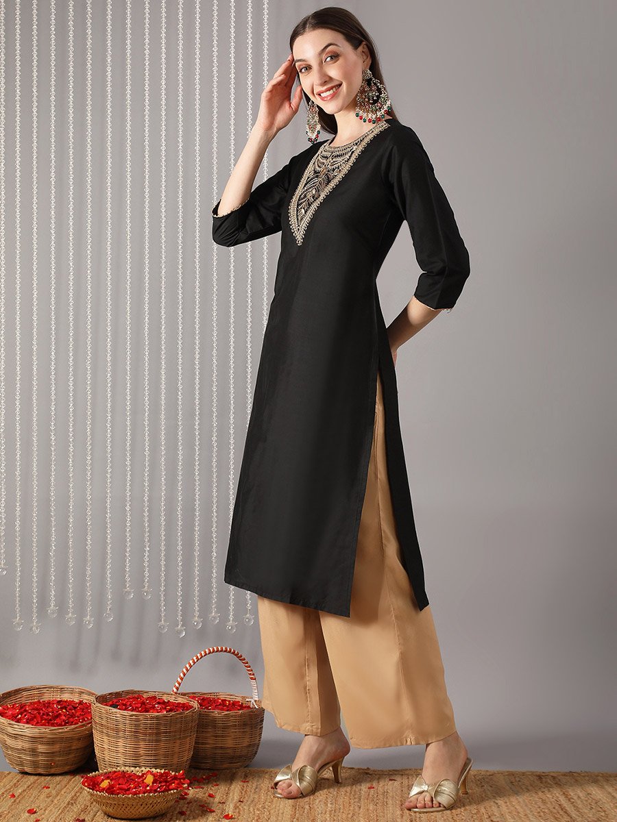 Women Black Round Neck Embroidered A-Line Kurta