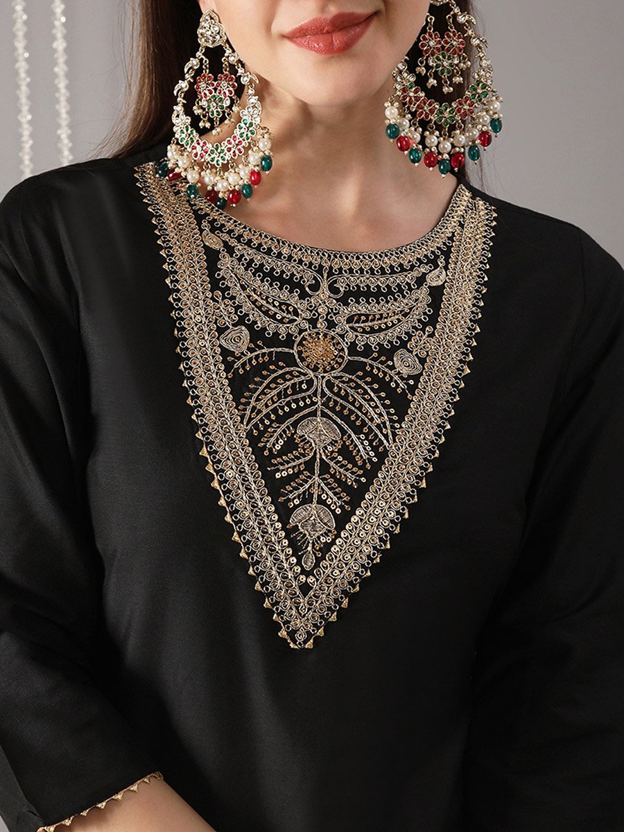 Women Black Round Neck Embroidered A-Line Kurta
