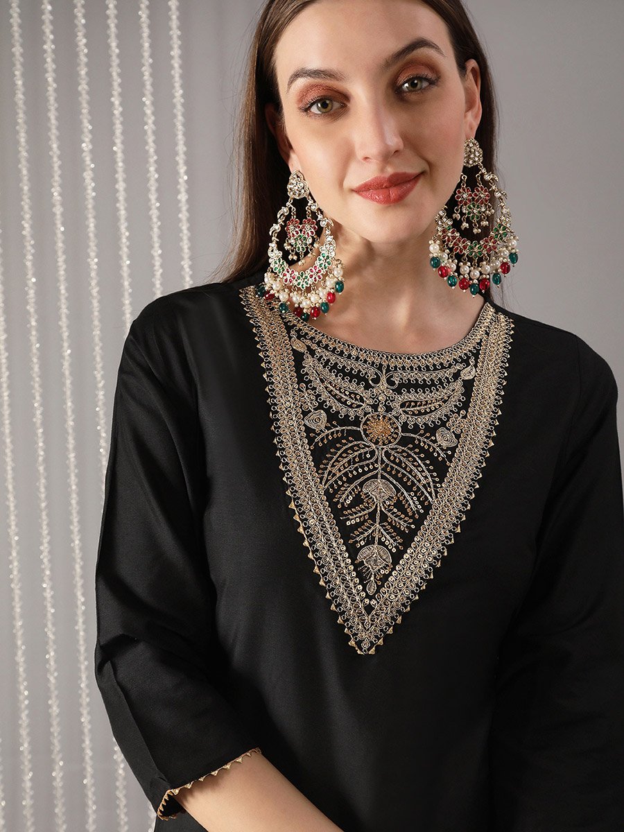 Women Black Round Neck Embroidered A-Line Kurta