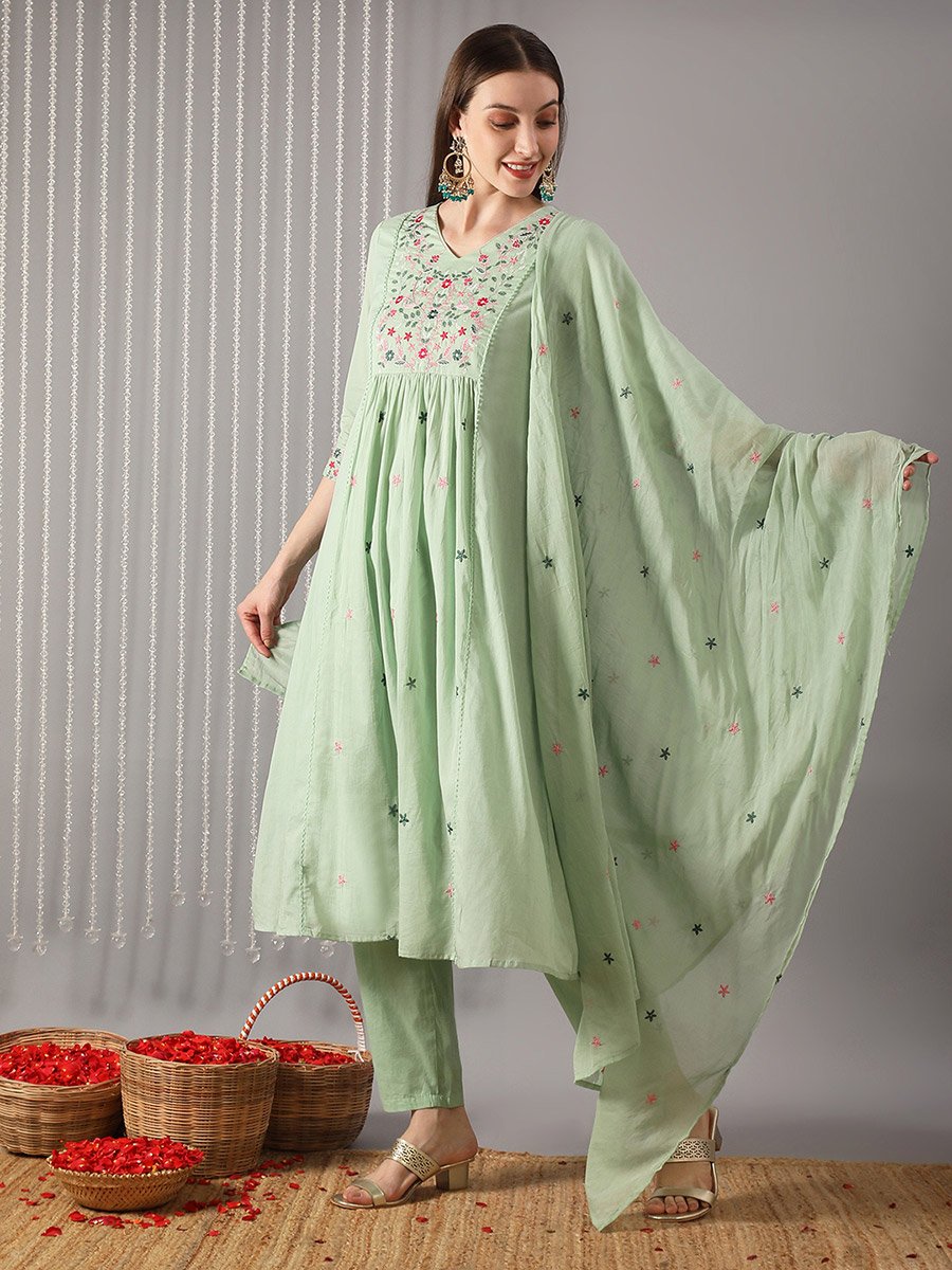 Women Green Floral Embroidered Kurta with Pant and Dupatta Set