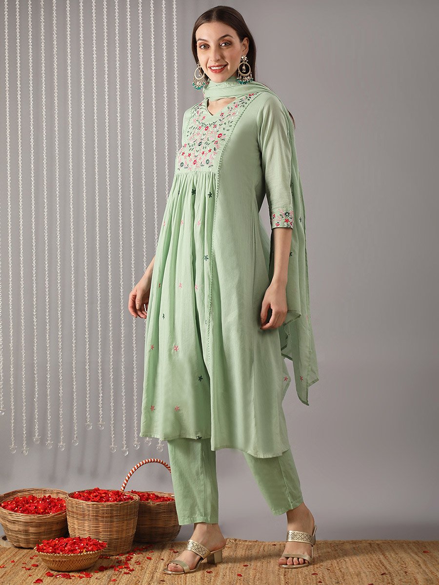 Women Green Floral Embroidered Kurta with Pant and Dupatta Set