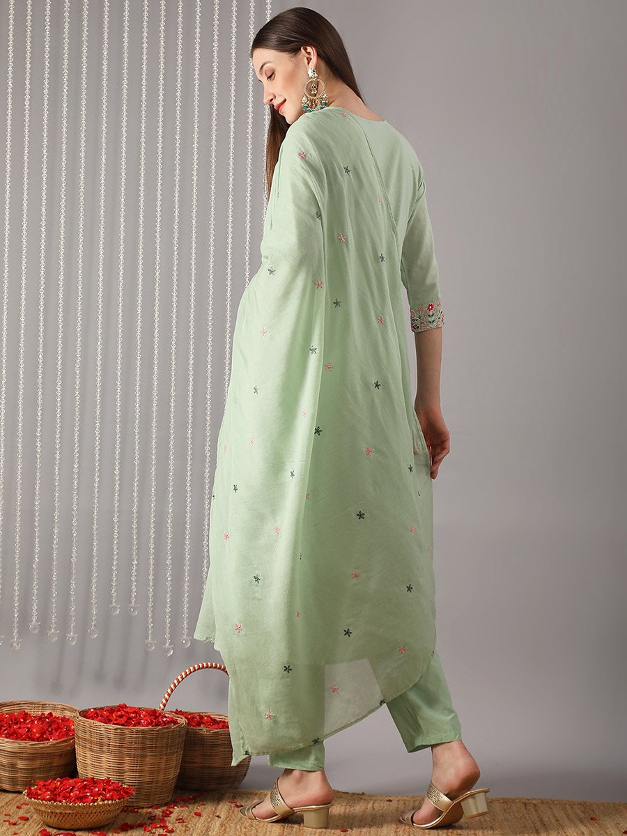 Women Green Floral Embroidered Kurta with Pant and Dupatta Set