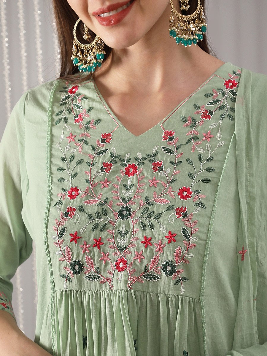 Women Green Floral Embroidered Kurta with Pant and Dupatta Set