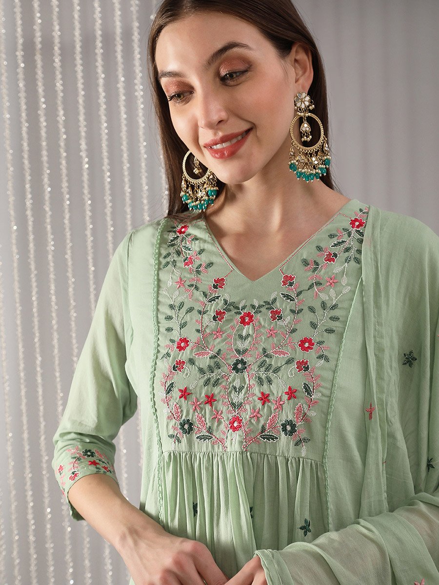 Women Green Floral Embroidered Kurta with Pant and Dupatta Set