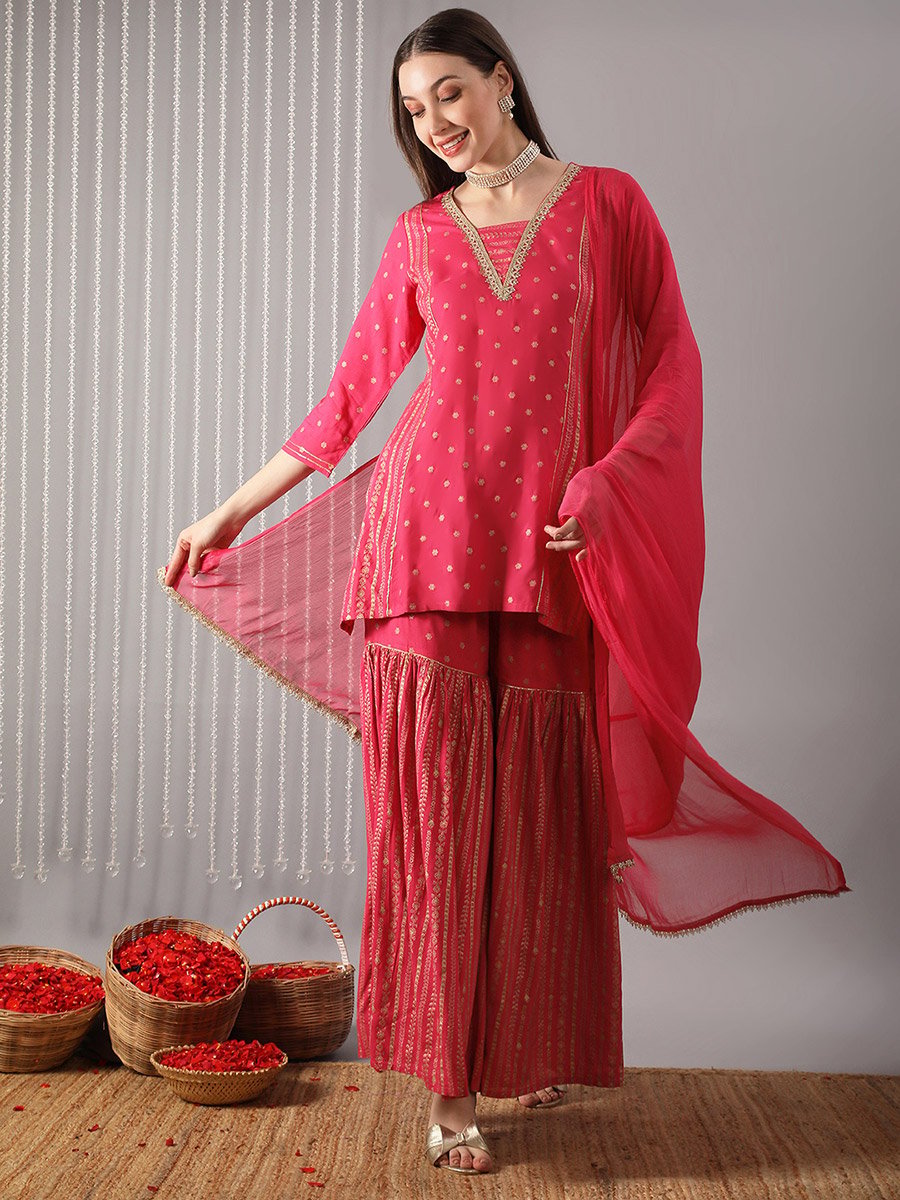 Women Pink V-Neck Embroidered Straight Kurta with Pant and Dupatta Set