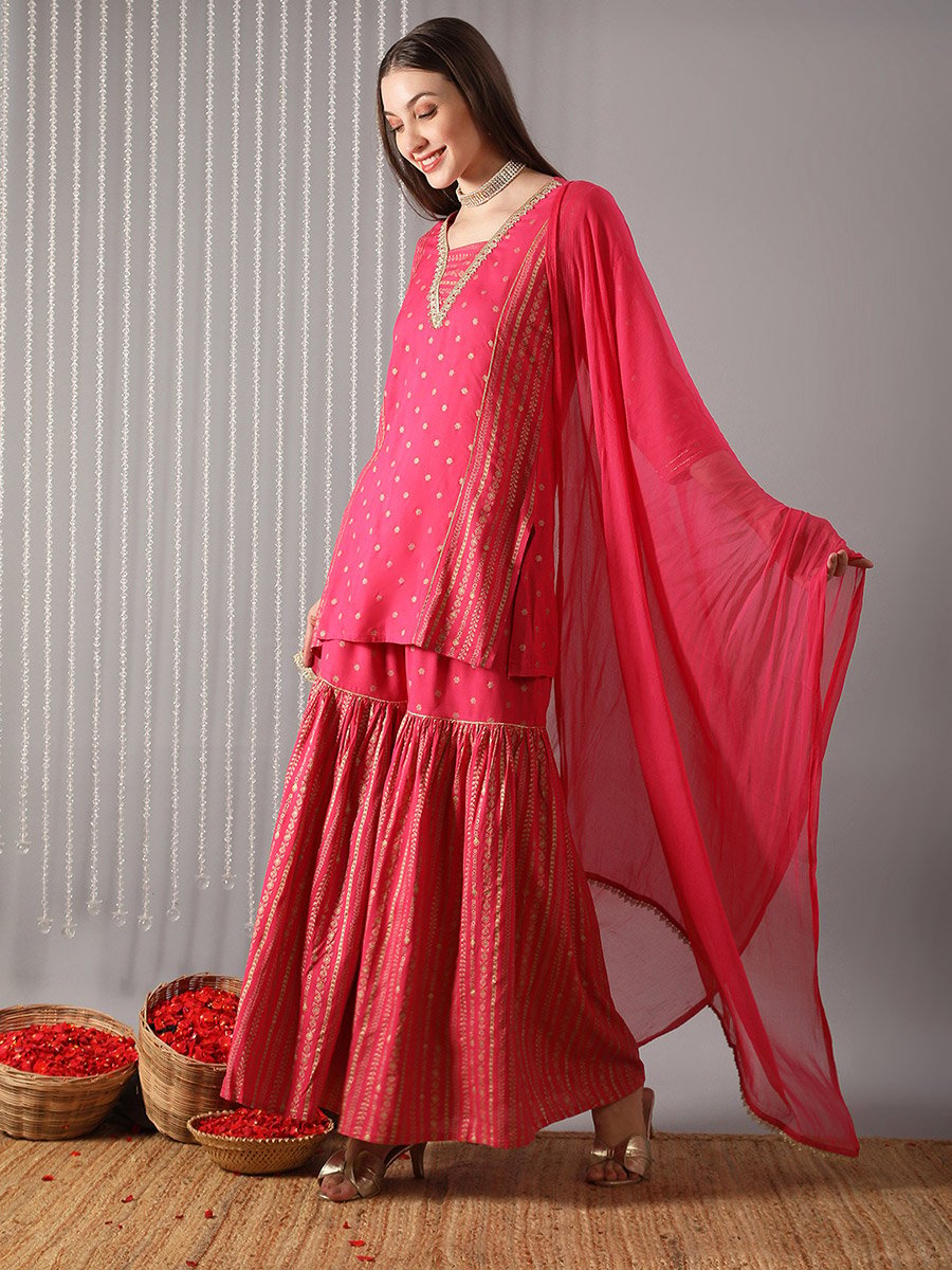 Women Pink V-Neck Embroidered Straight Kurta with Pant and Dupatta Set