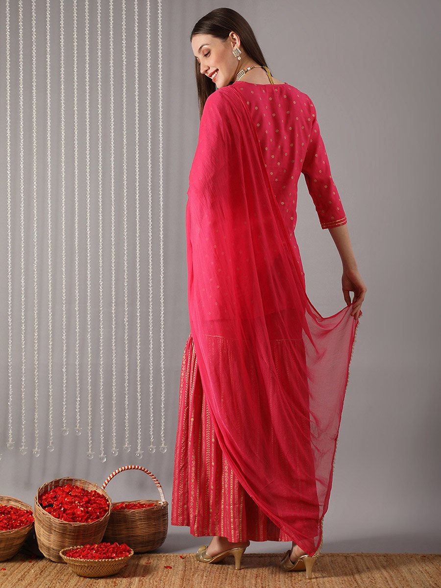 Women Pink V-Neck Embroidered Straight Kurta with Pant and Dupatta Set