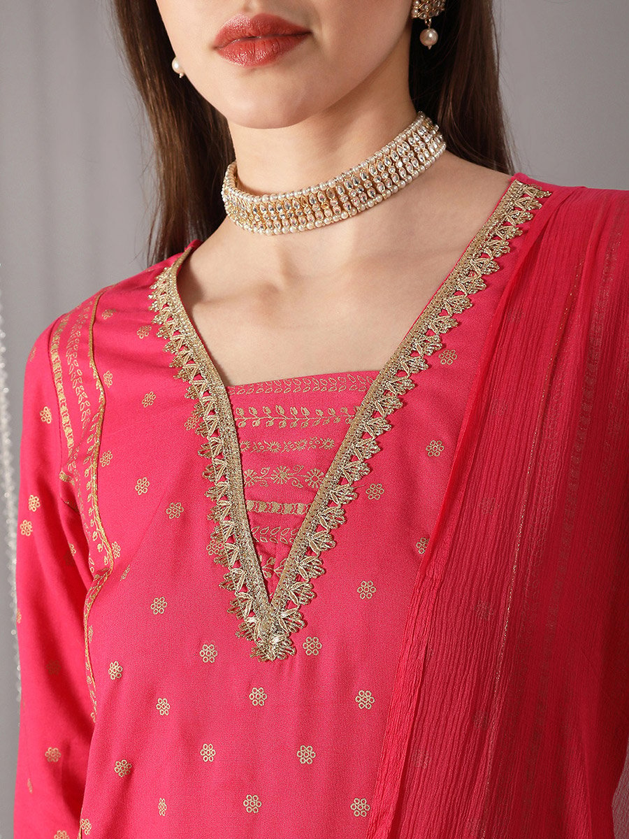 Women Pink V-Neck Embroidered Straight Kurta with Pant and Dupatta Set