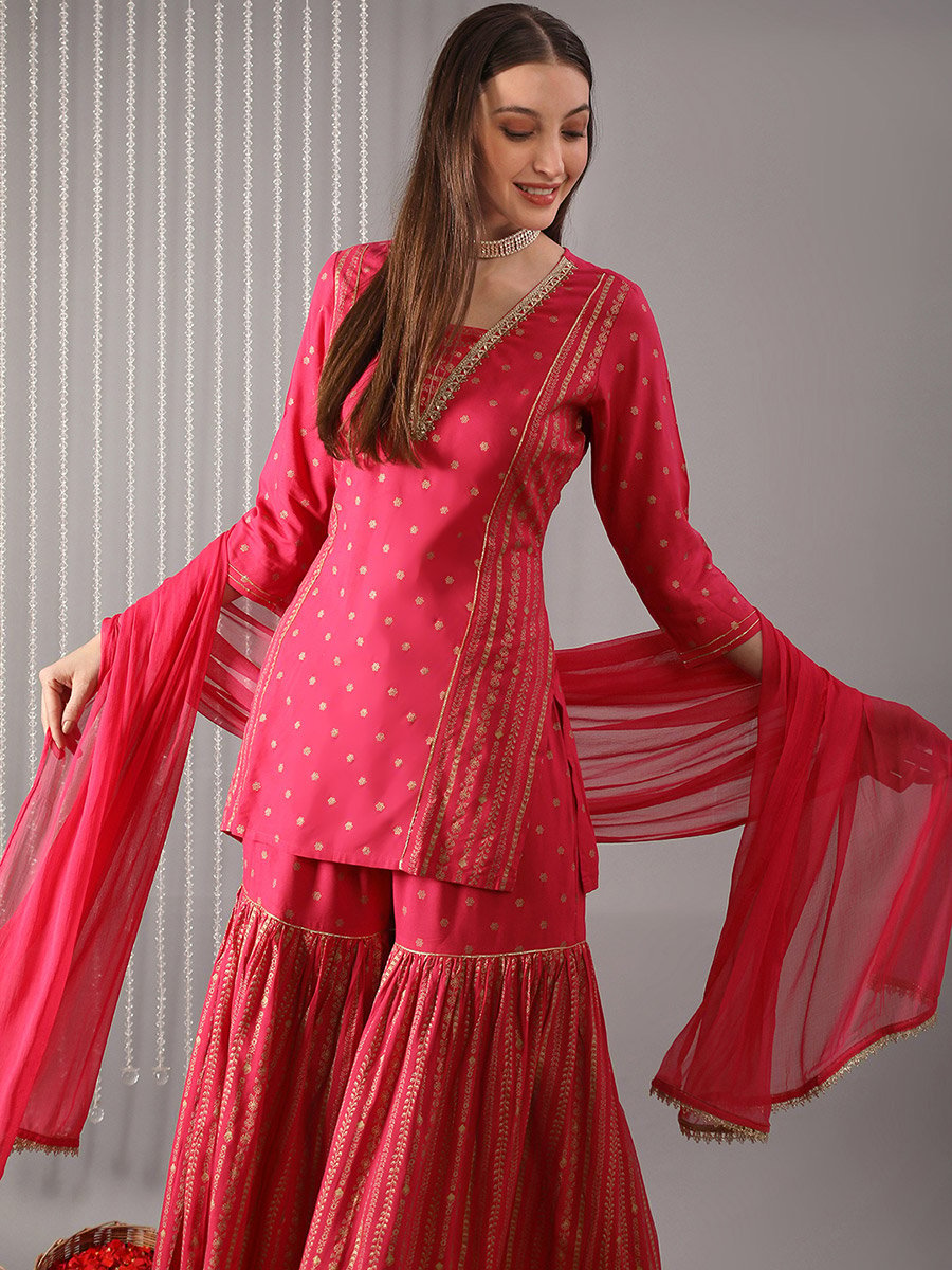 Women Pink V-Neck Embroidered Straight Kurta with Pant and Dupatta Set