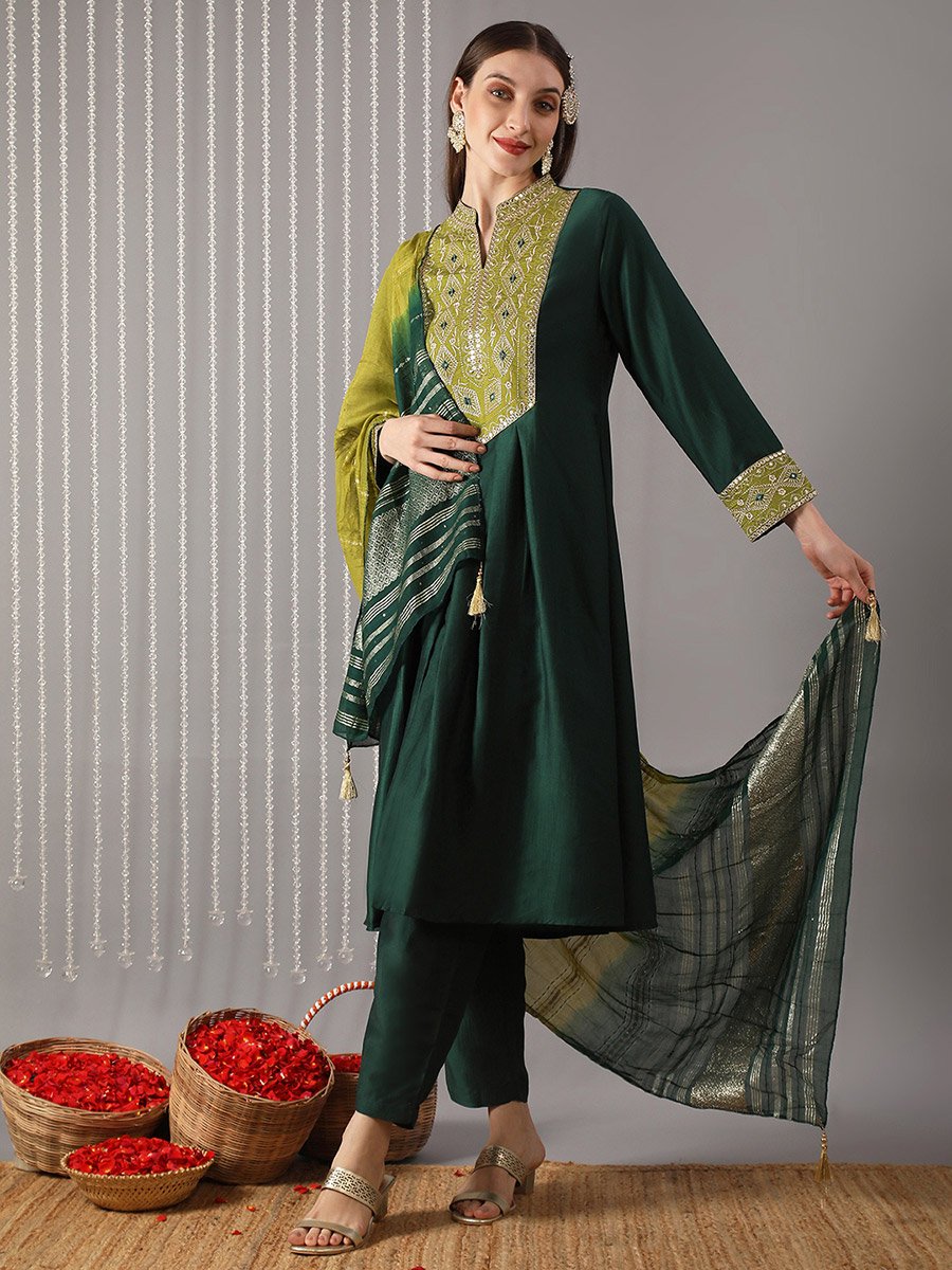 Women Green Mandarin Collar Embroidered Kurta with Pant and Dupatta Set