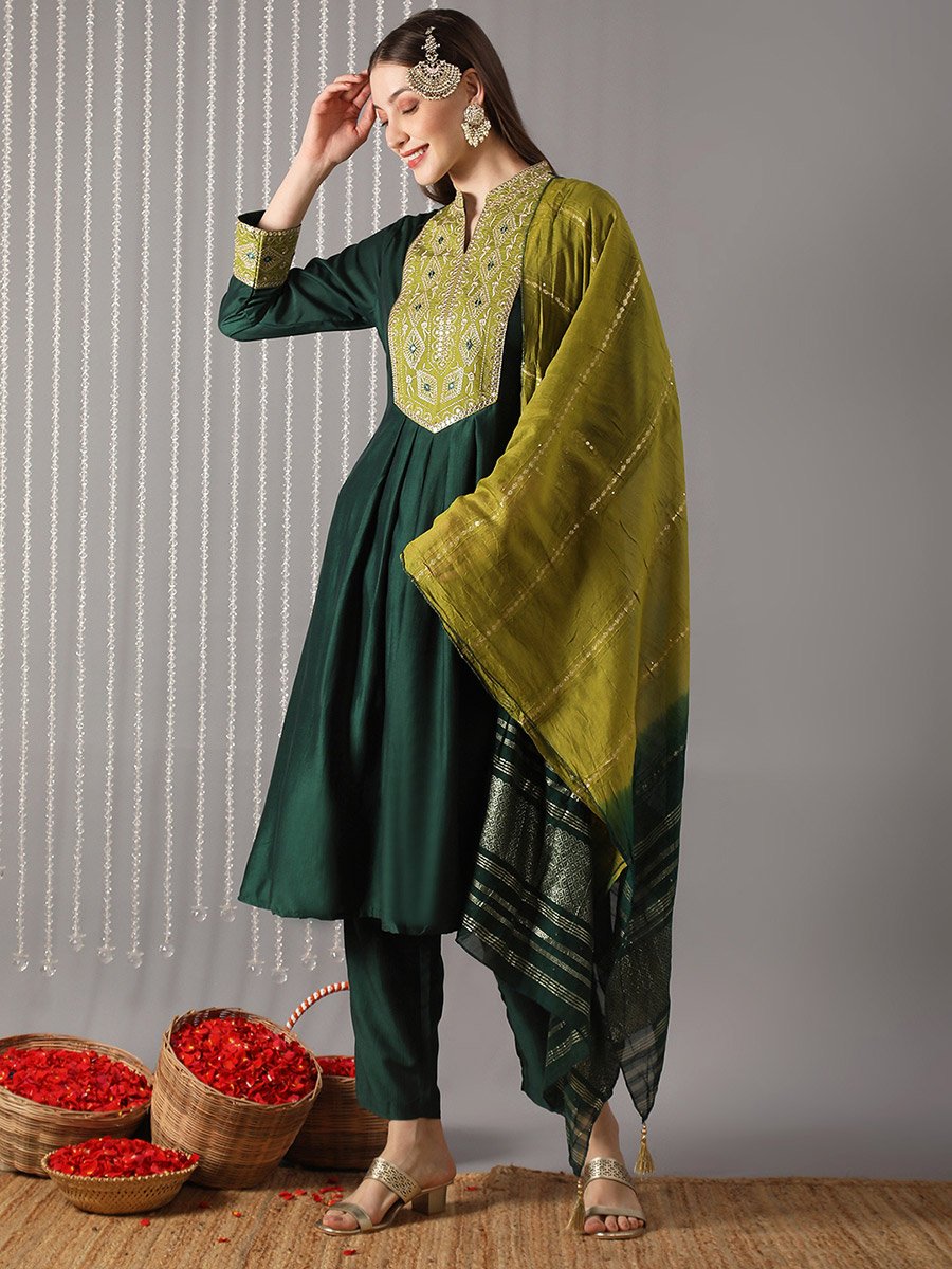 Women Green Mandarin Collar Embroidered Kurta with Pant and Dupatta Set
