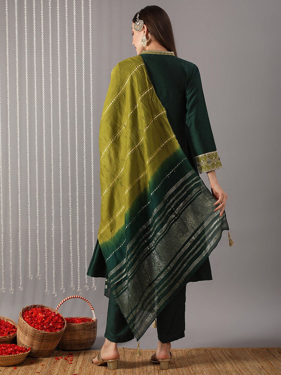 Women Green Mandarin Collar Embroidered Kurta with Pant and Dupatta Set