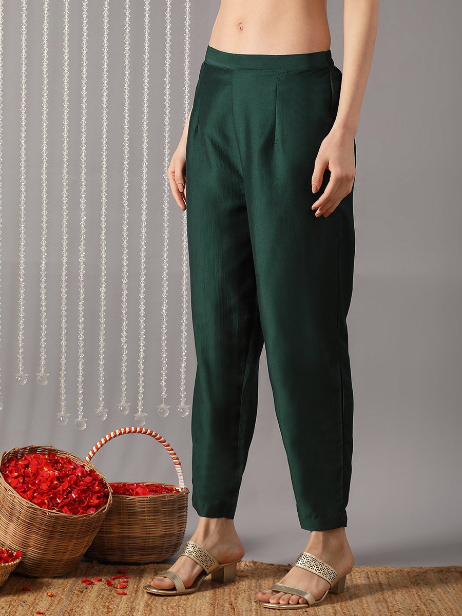 Women Green Mandarin Collar Embroidered Kurta with Pant and Dupatta Set