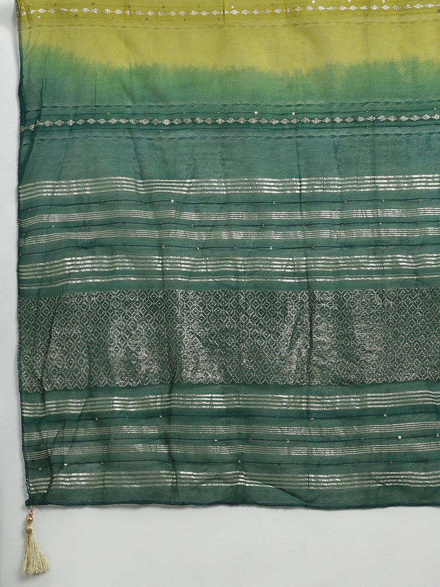 Women Green Mandarin Collar Embroidered Kurta with Pant and Dupatta Set