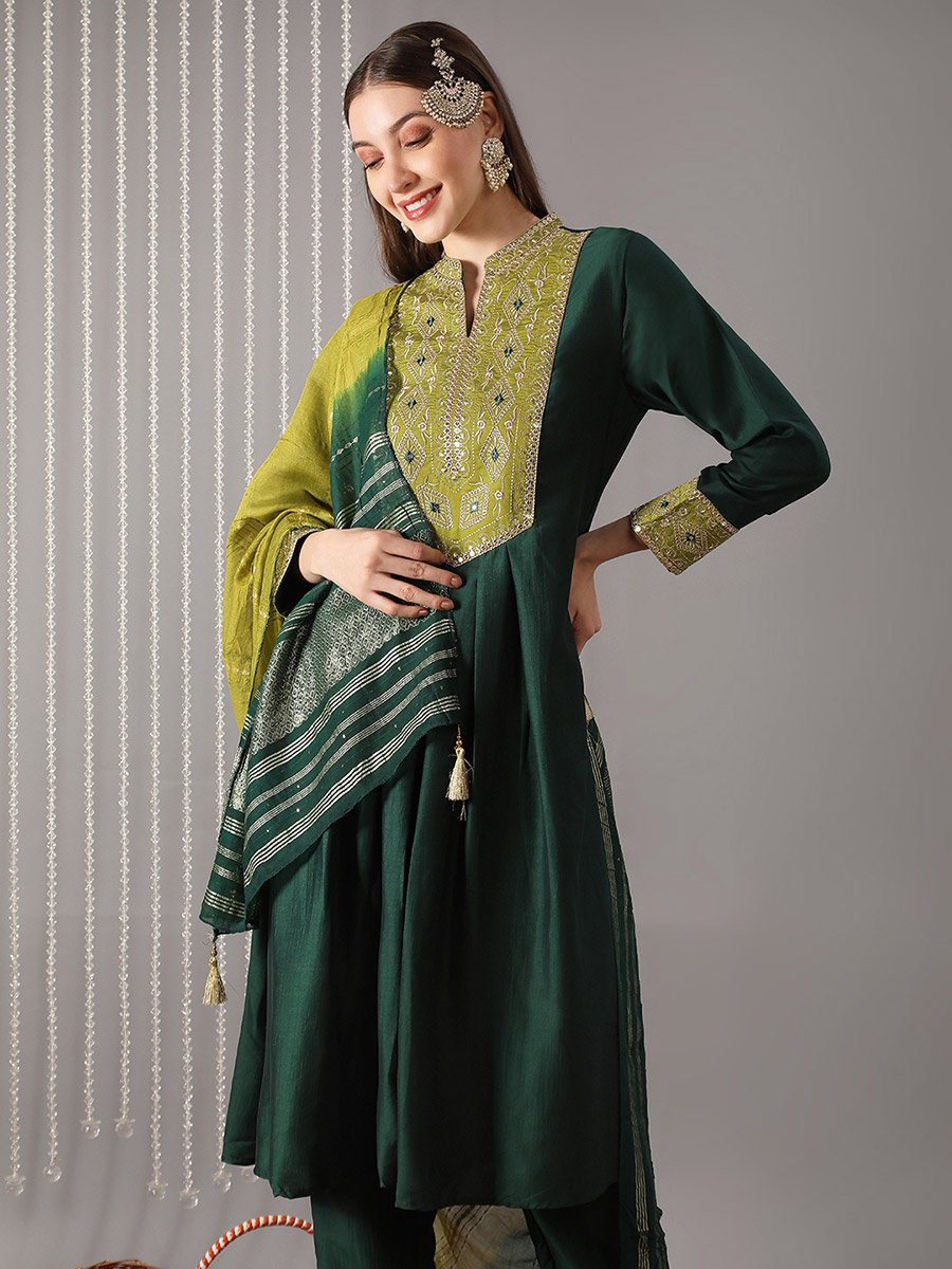 Women Green Mandarin Collar Embroidered Kurta with Pant and Dupatta Set