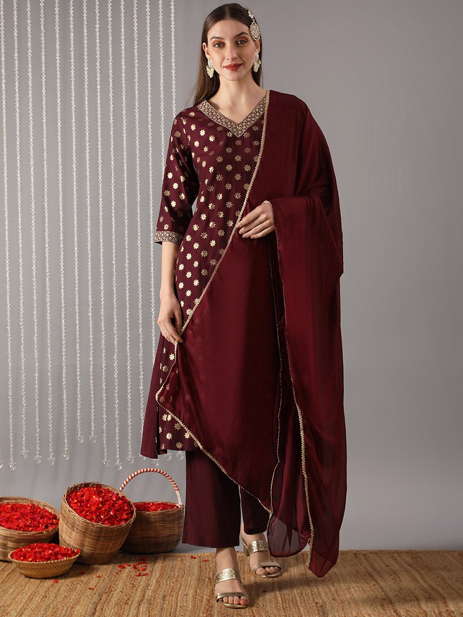 Women Wine Embroidered Straight Kurta with Pant and Dupatta Set