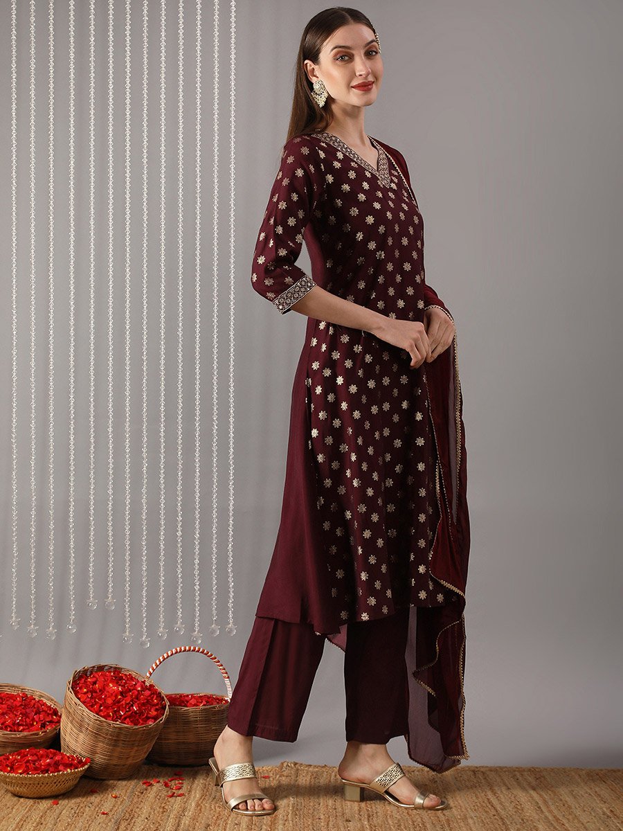 Women Wine Embroidered Straight Kurta with Pant and Dupatta Set