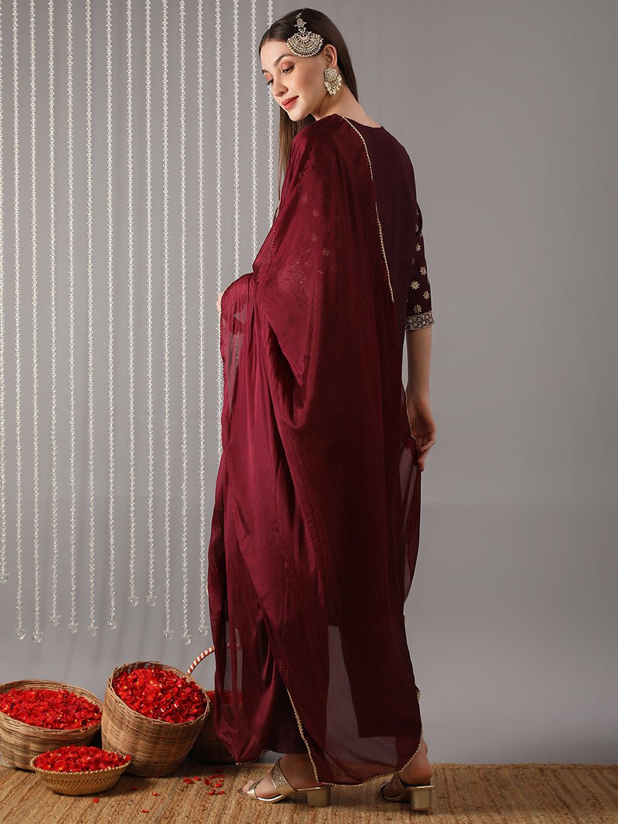Women Wine Embroidered Straight Kurta with Pant and Dupatta Set