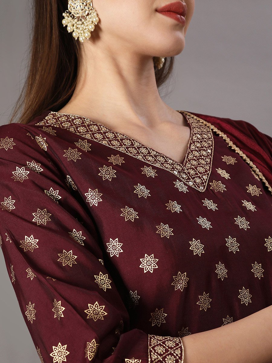 Women Wine Embroidered Straight Kurta with Pant and Dupatta Set