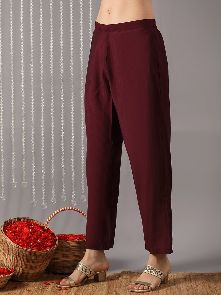 Women Wine Embroidered Straight Kurta with Pant and Dupatta Set