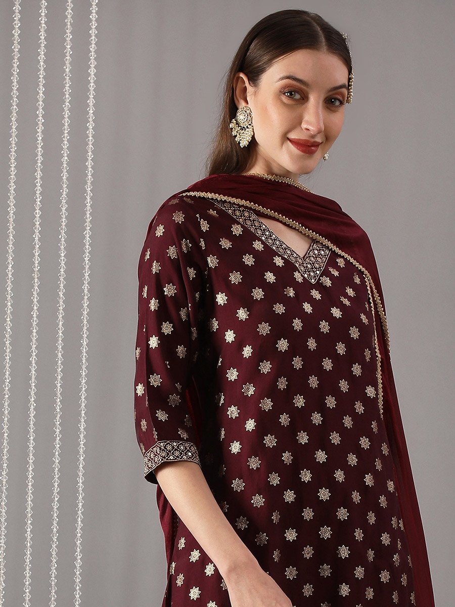 Women Wine Embroidered Straight Kurta with Pant and Dupatta Set