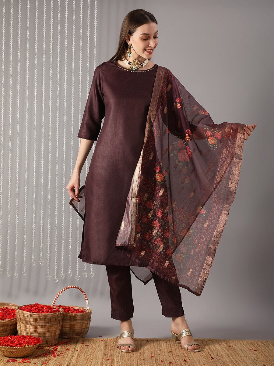 Women Wine Straight Kurta with Pant and Floral Print Dupatta Set