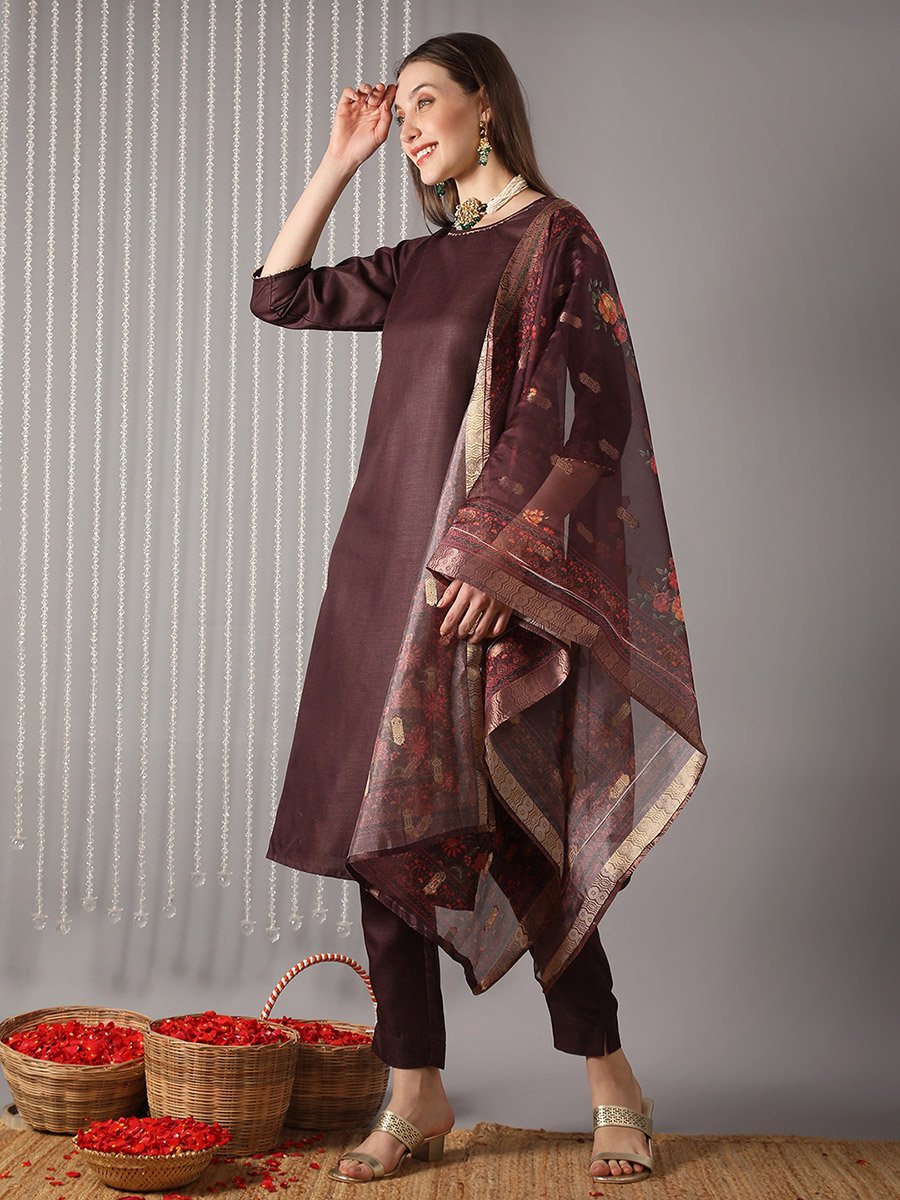 Women Wine Straight Kurta with Pant and Floral Print Dupatta Set