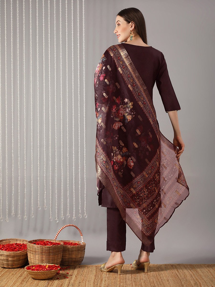 Women Wine Straight Kurta with Pant and Floral Print Dupatta Set