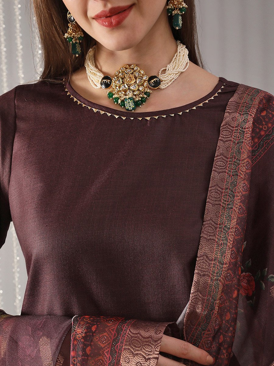 Women Wine Straight Kurta with Pant and Floral Print Dupatta Set